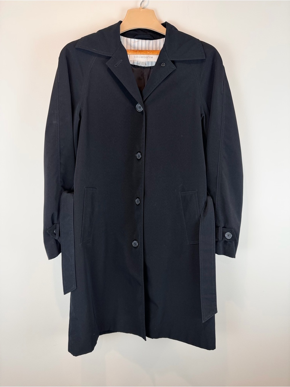 Liz Claiborne Classic Black Single-Breasted Trench Coat with Tie Size Medium